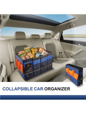 Collapsible Blue and Orange Car Trunk Organizer - Multi-Compartment Storage